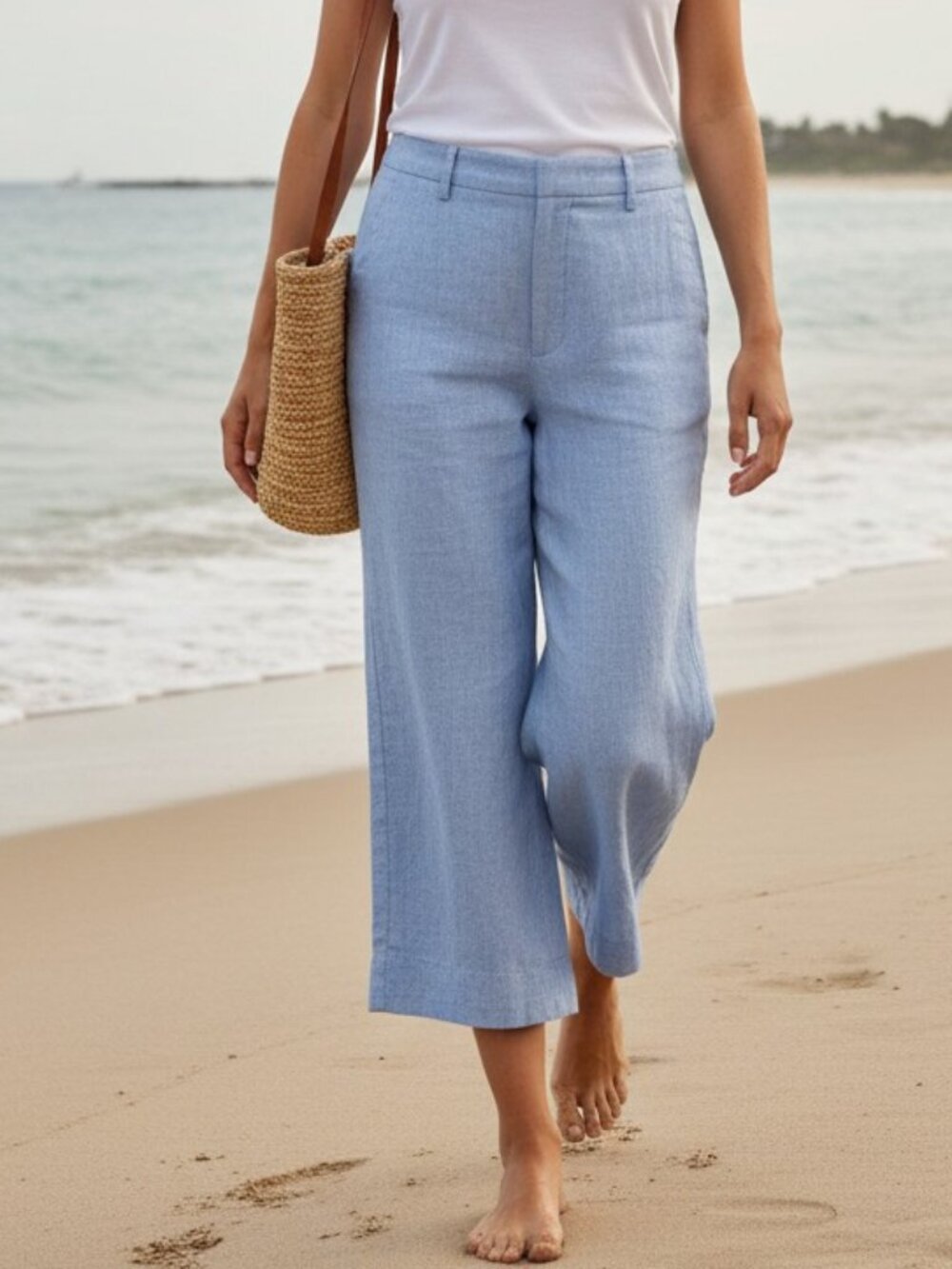 Banana Republic Linen Cotton Wide Leg Chic Cropped Culotte Pant Light Blue Sz 14